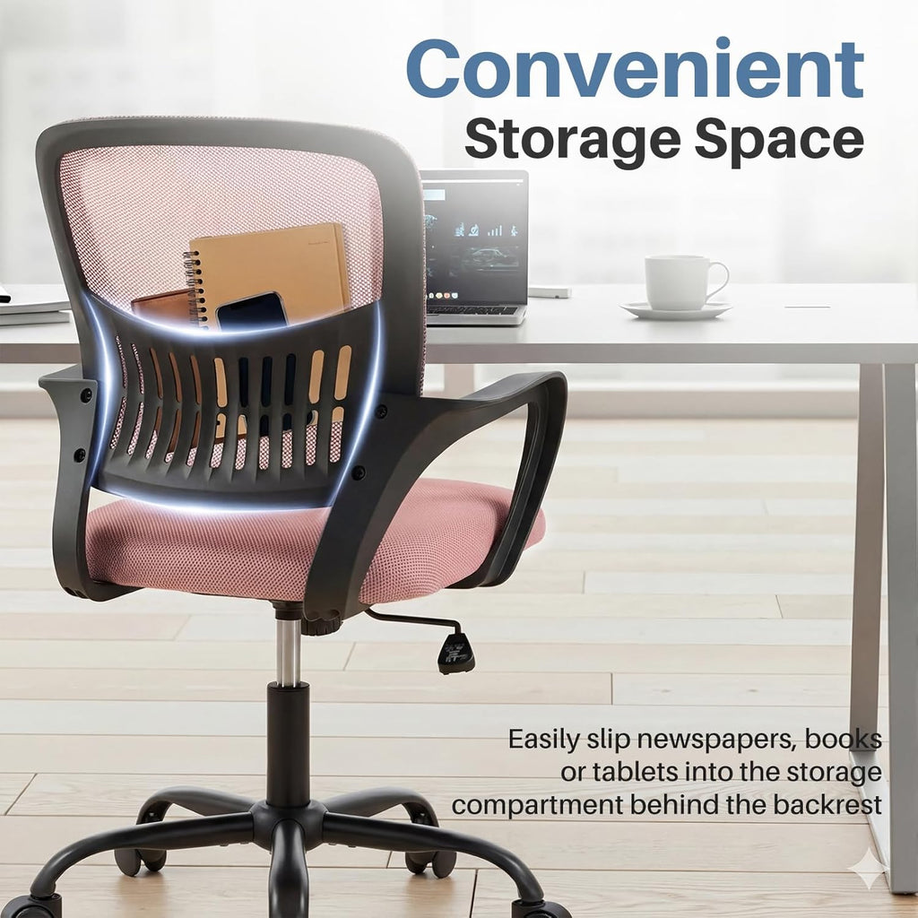 Home Office Chair - Ergonomic Mid Back Mesh Desk Chair with Lumbar Support & Rocking Mode, Height Adjustable with Fixed Armrest, for Conference, Computer, 360?? Swivel, Adults, Pink
