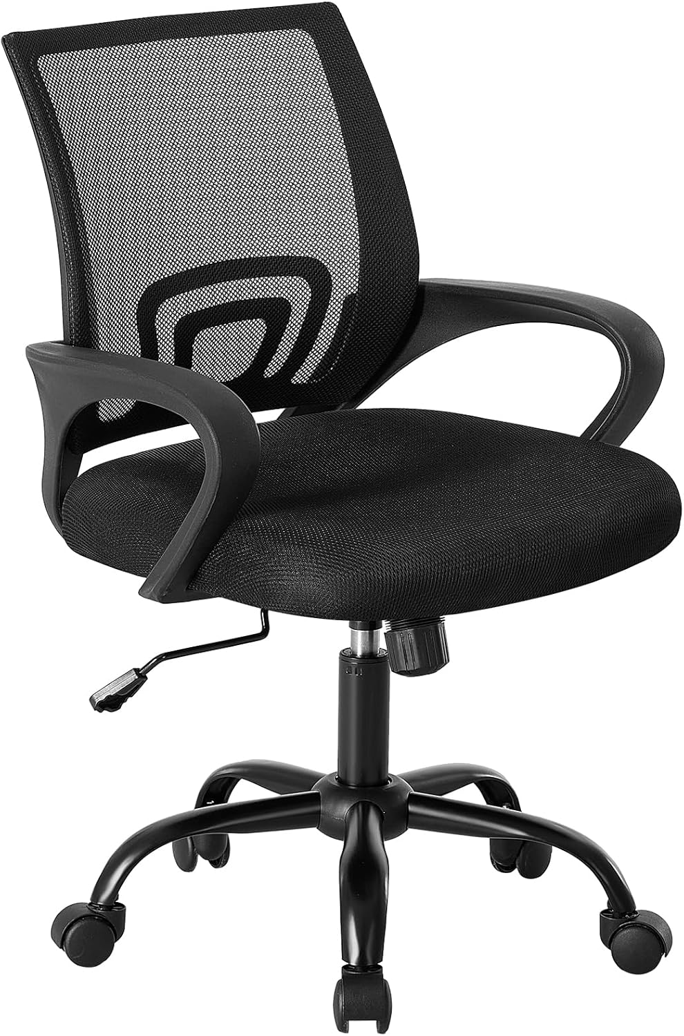 Office Desk Chair - Ergonomic Mid Back with Lumbar Support & Rocking Mode, Height Adjustable with Fixed Armrest, Storage Back for Computer, Gaming, Conference, Meeting, 360?? Swivel, Black