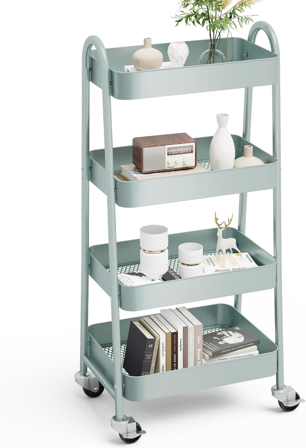4-Tier Metal Rolling Cart with Lockable Wheels - Mobile Storage Organizer, Utility Shelving Unit for Kitchen, Office, Bathroom, Laundry, Narrow Places, Green