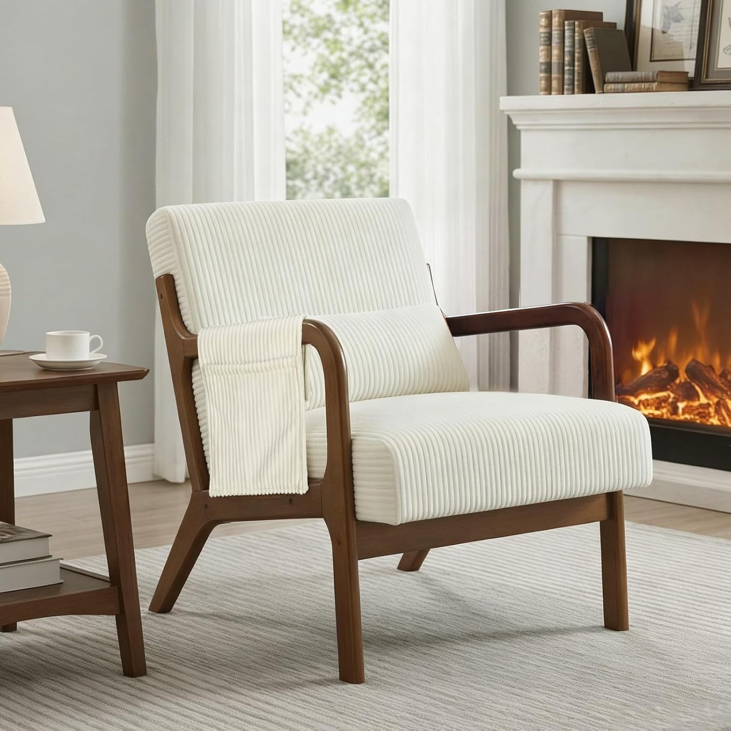 Mid Century Modern Accent Chair, Upholstered Armchair with Lumbar Pillow and Solid Wood Frame, Comfy Reading Chair for Small Living Room, Bedroom, Guest Room, Beige