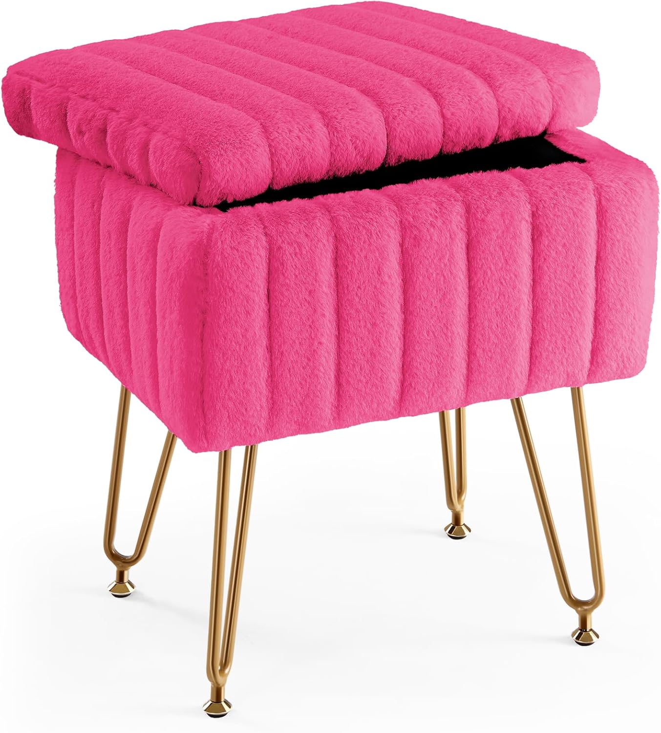 Vanity Stool Chair, Ottoman with Storage, Makeup Cute Soft Small Footstool, Modern Style Faux Fur Seat with 4 Metal Legs & Adjustable Feet for Dressing, Living Room, Bedroom, Dorm, Green