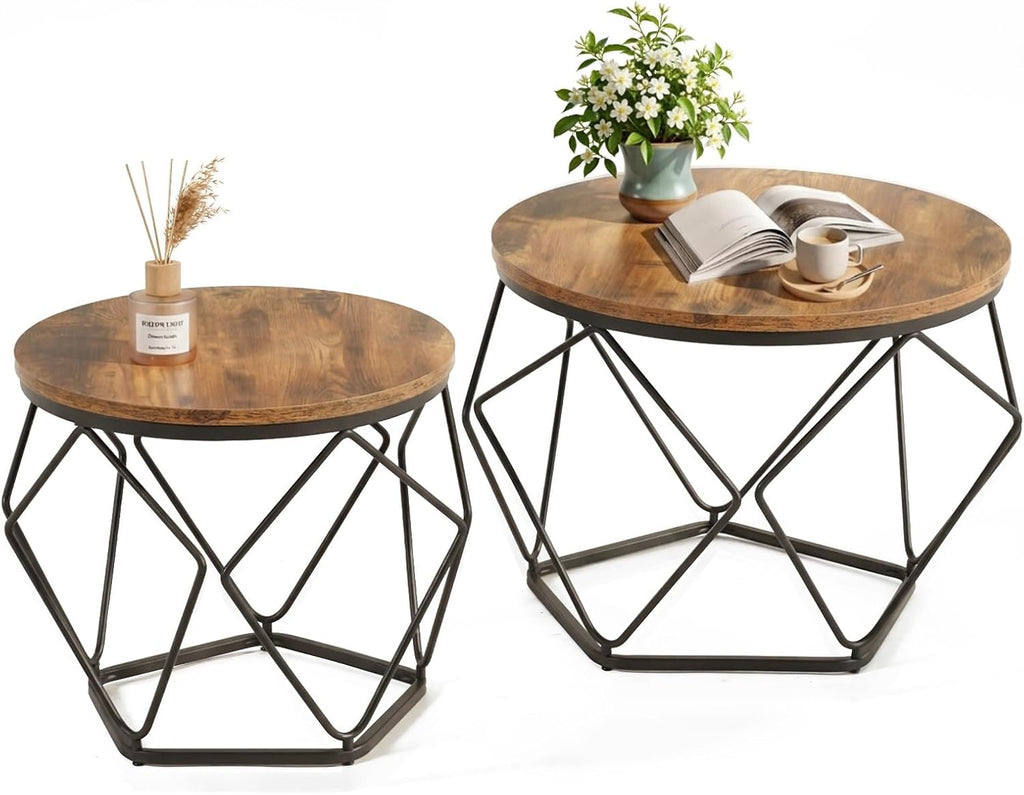 Modern Geometric Coffee Table Set of 2, Round Nesting Side Tables with Hidden Storage, Movable End Tables for Living Room Decor & Practical Use