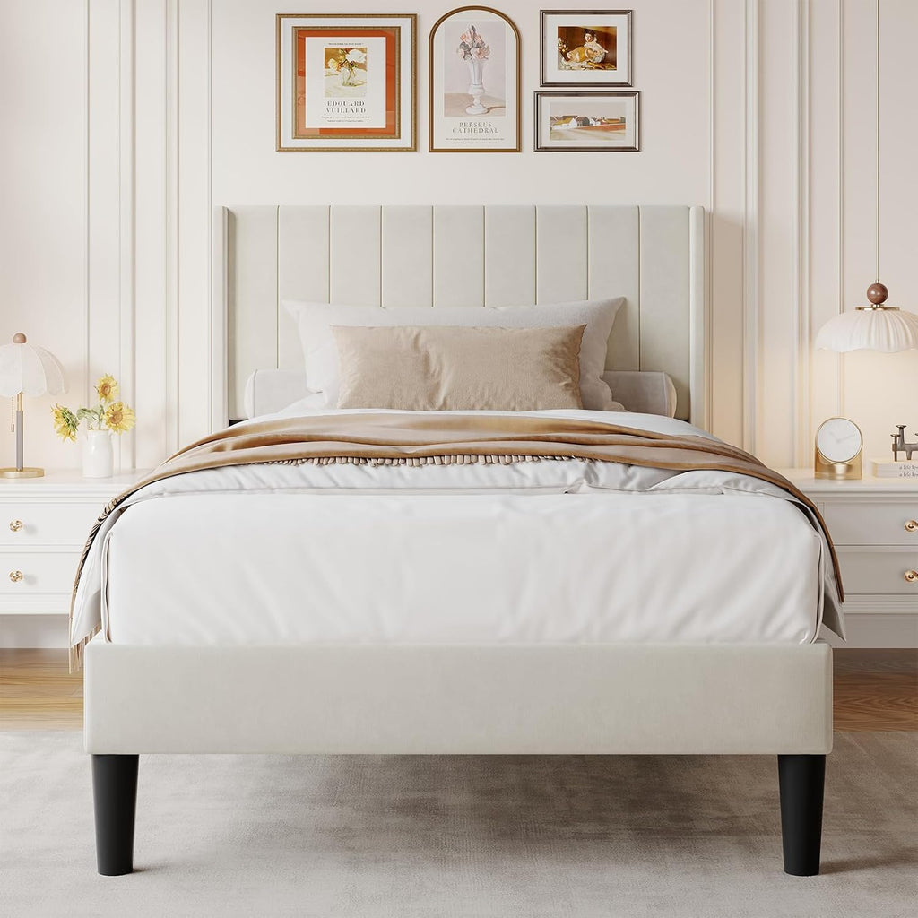 Twin Size Bed Frame with Modern Fabric Upholstered Wingback Headboard & Wooden Slats, 500lbs Capacity, No Box Spring Needed, Easy Assembly Upholstered Platform Bed, Beige