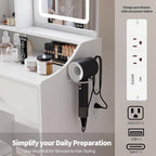 Makeup Vanity Desk, Vanity Table Set with Mirror and Lights, Small Vanity with Storage Bench, Charging Station and Hair Dryer Holder, Dressing Table with Drawer and Three Shelves, White