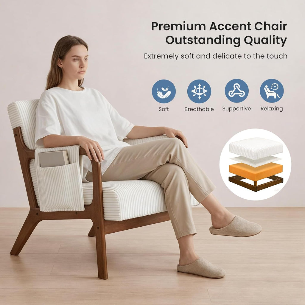 Mid Century Modern Accent Chair, Upholstered Armchair with Lumbar Pillow and Solid Wood Frame, Comfy Reading Chair for Small Living Room, Bedroom, Guest Room, Beige