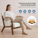 Mid Century Modern Accent Chair, Upholstered Armchair with Lumbar Pillow and Solid Wood Frame, Comfy Reading Chair for Small Living Room, Bedroom, Guest Room, Beige
