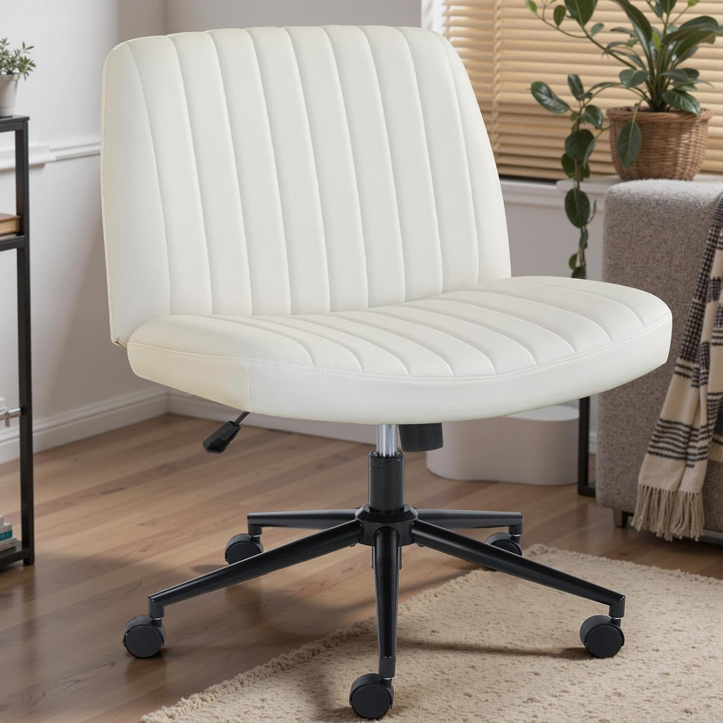 Criss Cross Chair No Wheels, Legged Office Desk Armless Chair Wide Seat, Adjustable Swivel Teddy Fabric Task Vanity Chairs for Home Bedroom, Beige