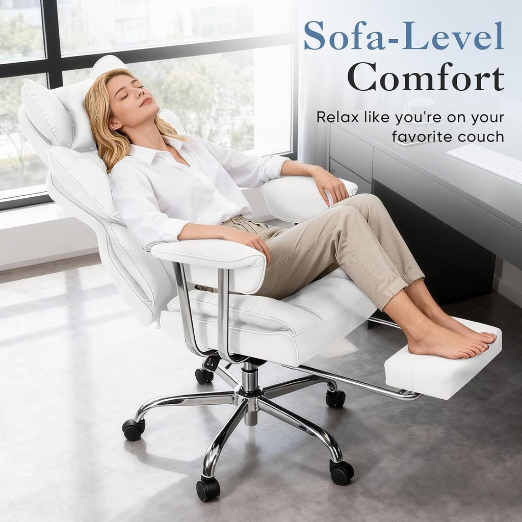 Big and Tall Office Chair 350 LBS, Scratch-Resistant PU Leather Executive Office Desk Chair with Footrest, Ergonomic Reclining Computer Chair with Pocket Spring Support for Home Office, White