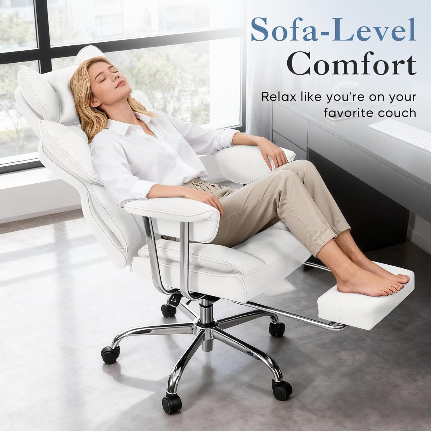 Big and Tall Office Chair 350 LBS, Scratch-Resistant PU Leather Executive Office Desk Chair with Footrest, Ergonomic Reclining Computer Chair with Pocket Spring Support for Home Office, White
