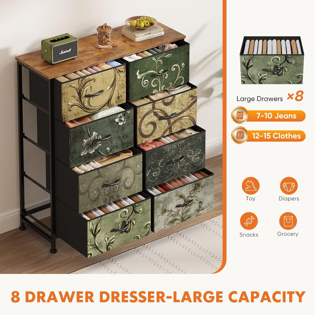 TV Stand Dresser with 8 Fabric Storage Drawers, Media Console Featuring Open Shelf for 45 inch TV, Compact Entertainment Unit for Bedroom, Living Space, or Dorm Organization, Flower Pattern