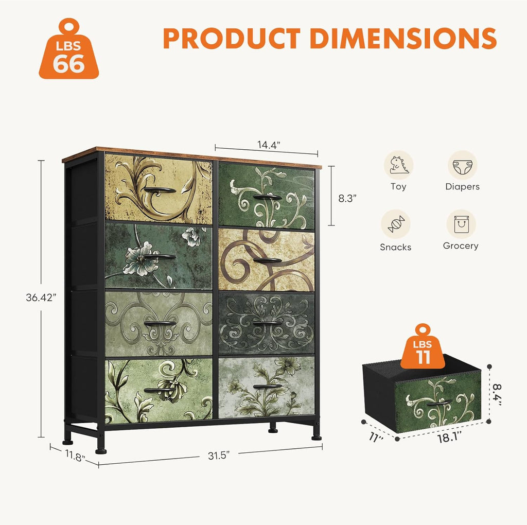 TV Stand Dresser with 8 Fabric Storage Drawers, Media Console Featuring Open Shelf for 45 inch TV, Compact Entertainment Unit for Bedroom, Living Space, or Dorm Organization, Flower Pattern