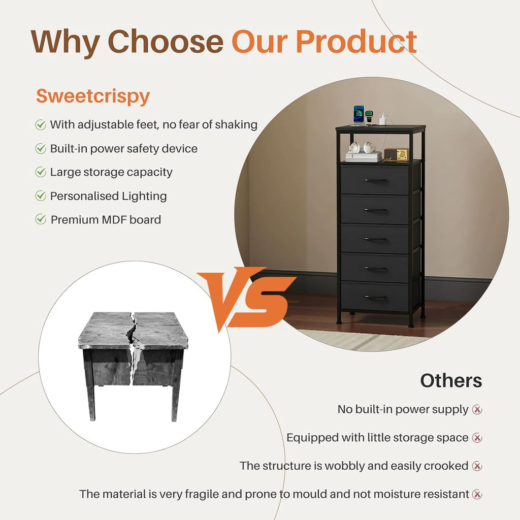 Nightstands Set of 2 with Charging Station, Bedside Table with USB Ports & Type-C, 2 Fabric Drawers Night Stand with Open Shelf, Compact End Table for Bedroom, Rustic Brown