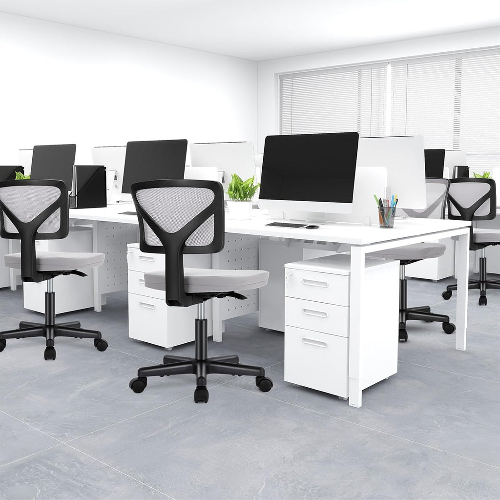 Small Office Chairs with Wheels, Ergonomic Adjustable Home Desk Swivel Rolling Task Chair No Arms, Comfy Mesh Mid Back Computer Work Vanity Desk Chairs for Small Spaces, New Grey