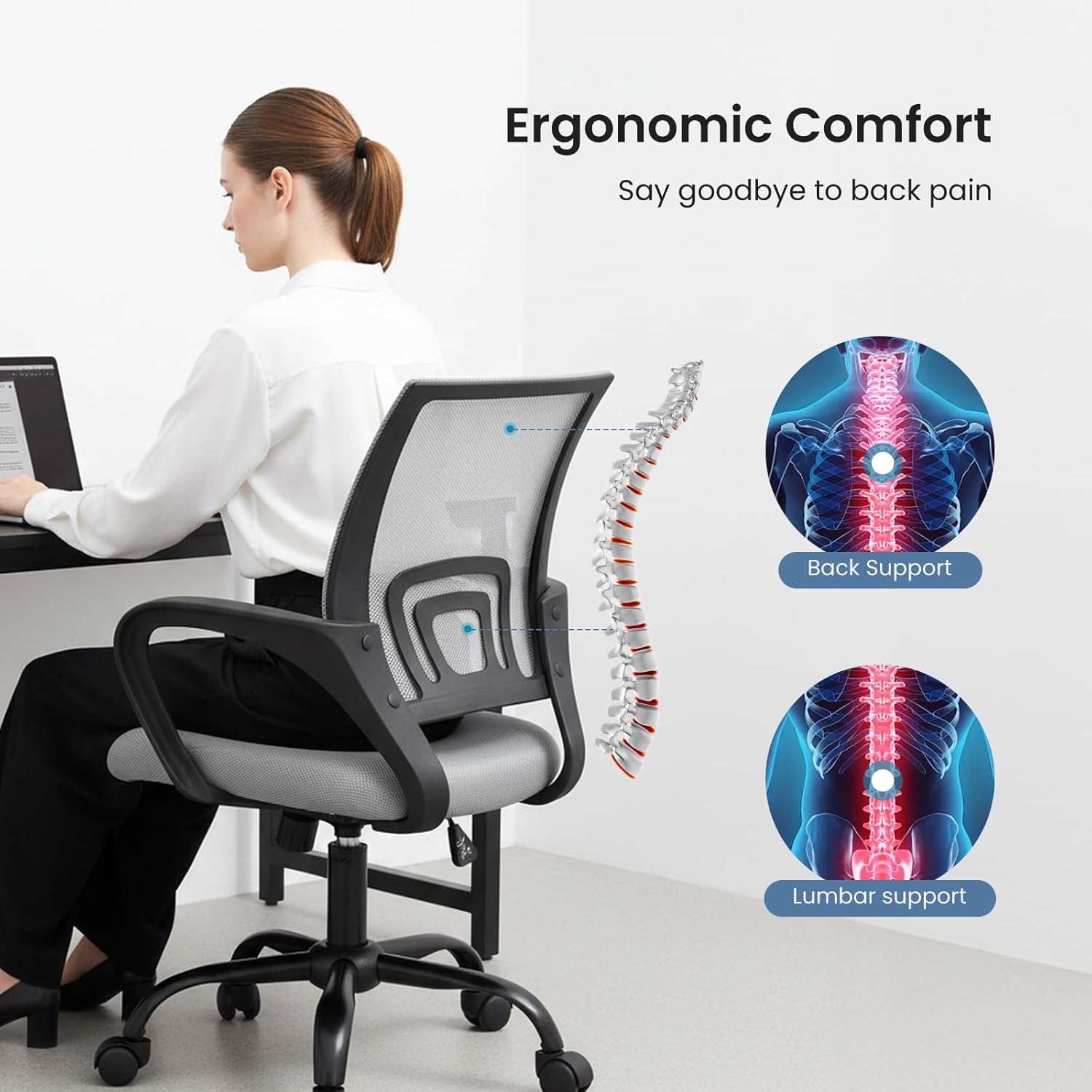 Office Desk Chair - Ergonomic Mid Back with Lumbar Support & Rocking Mode, Height Adjustable with Fixed Armrest, for Home, Computer, Gaming, Conference, Meeting Room, 360?? Swivel, Grey, 2 Pack