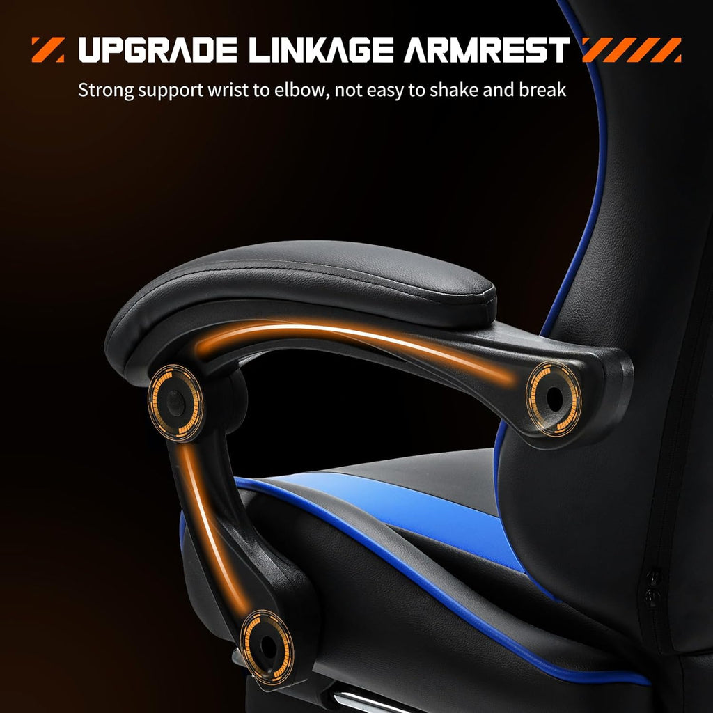 Computer Video Game Desk Chair - Ergonomic Comfy Lumbar Support with Footrest, PU Leather Recliner with Headrest, Fixed Up Armrest, Height Adjustable and 360?? Swivel, for Adults, Blue