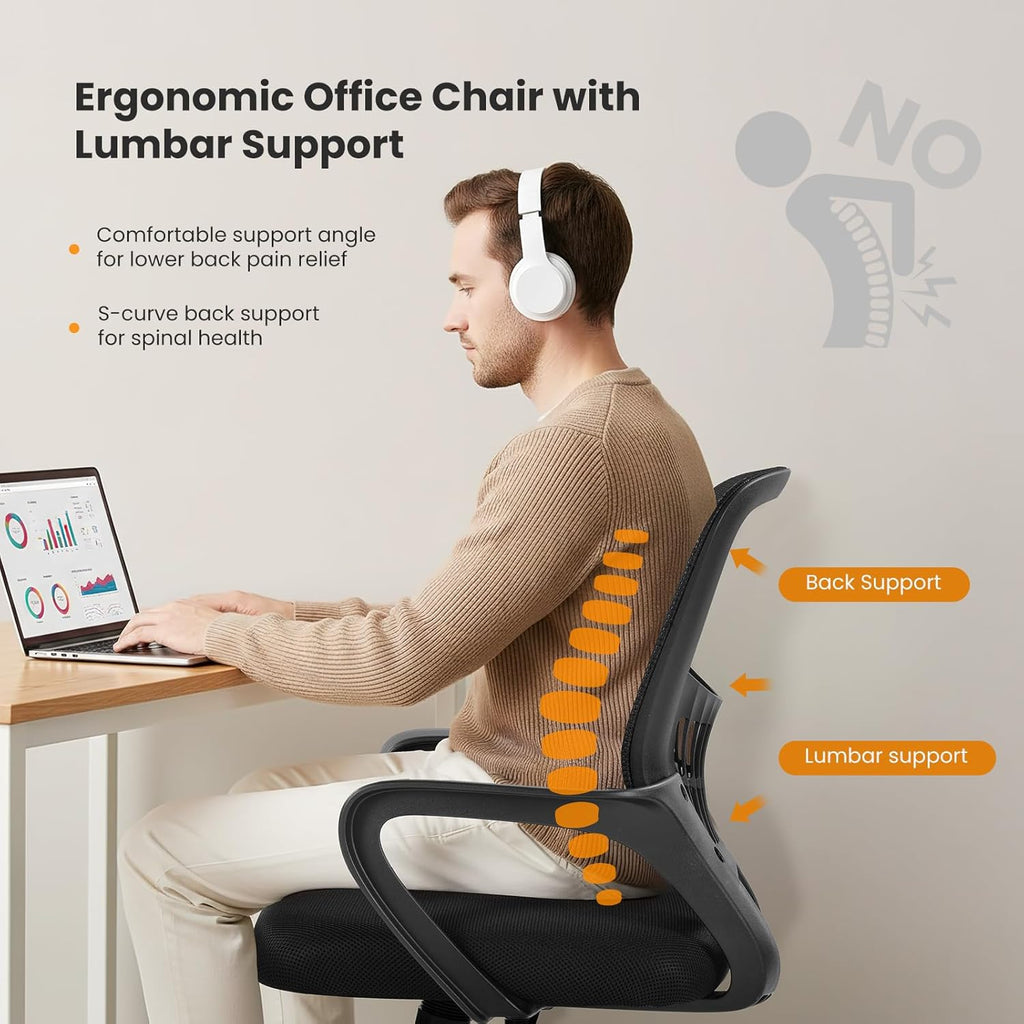 Home Office Managerial Executive Chair, Ergonomic Mesh Adjustable Swivel Mid-Back Computer Desk Chair with Comfortable Lumbar Support, Comfy Arms for Bedroom,Study