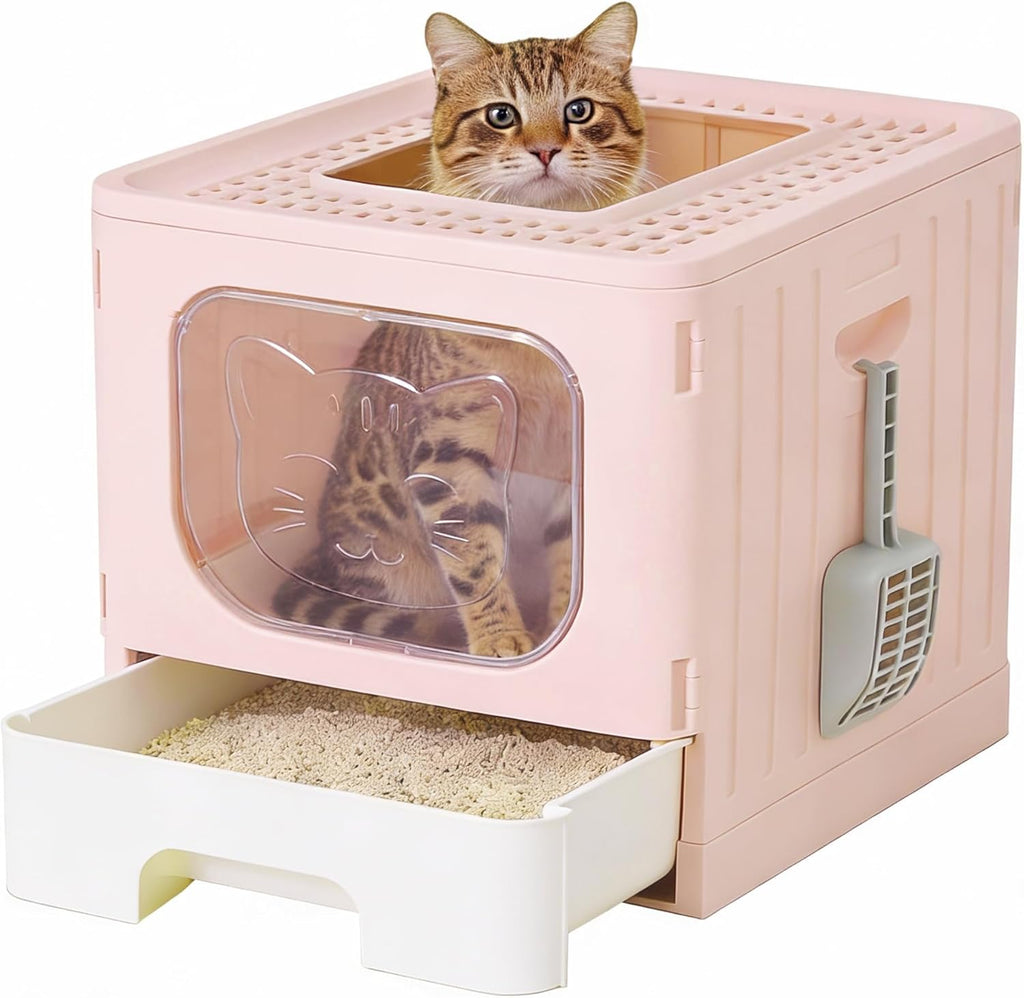 Cat Litter Box with Lid, Large Foldable Cat Box with Litter Scoop, Front Entry Top Exit Kitty Litter Box with Door, Easy Cleaning Drawer Design Odor Control, Pink