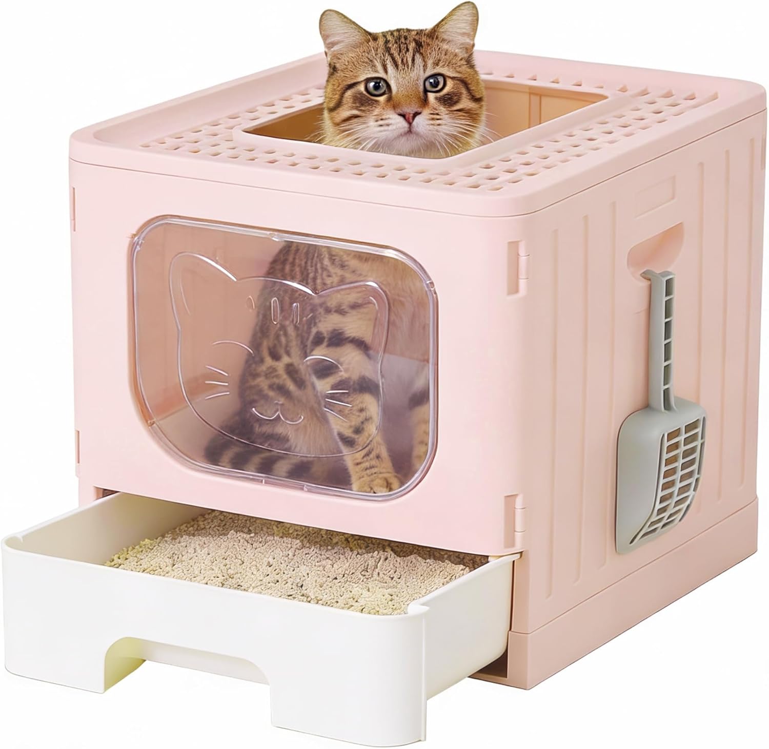 Cat Litter Box with Lid, Large Foldable Cat Box with Litter Scoop, Front Entry Top Exit Kitty Litter Box with Door, Easy Cleaning Drawer Design Odor Control, Pink