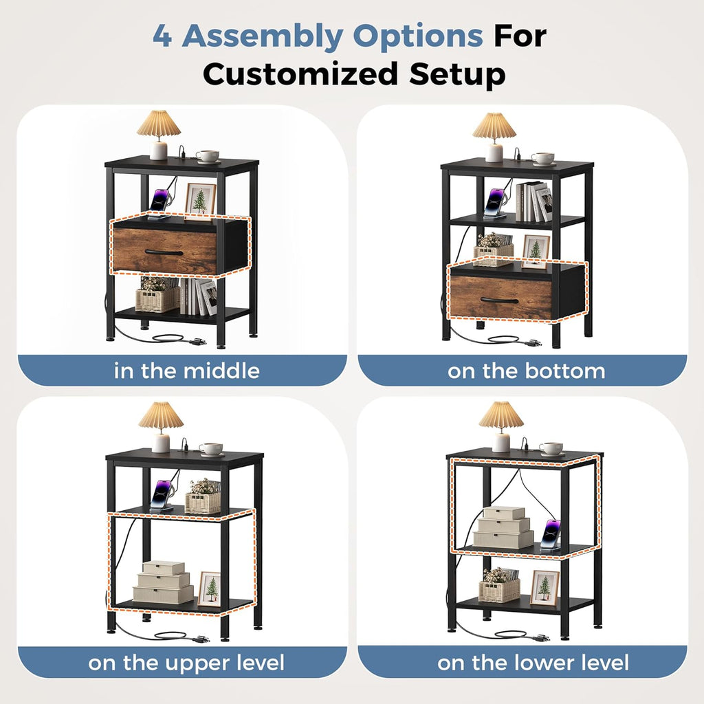 Nightstands Set of 2 with Charging Station, Bedside Table with USB Ports & Type-C, 2 Fabric Drawers Night Stand with Open Shelf, Compact End Table for Bedroom, Rustic Brown
