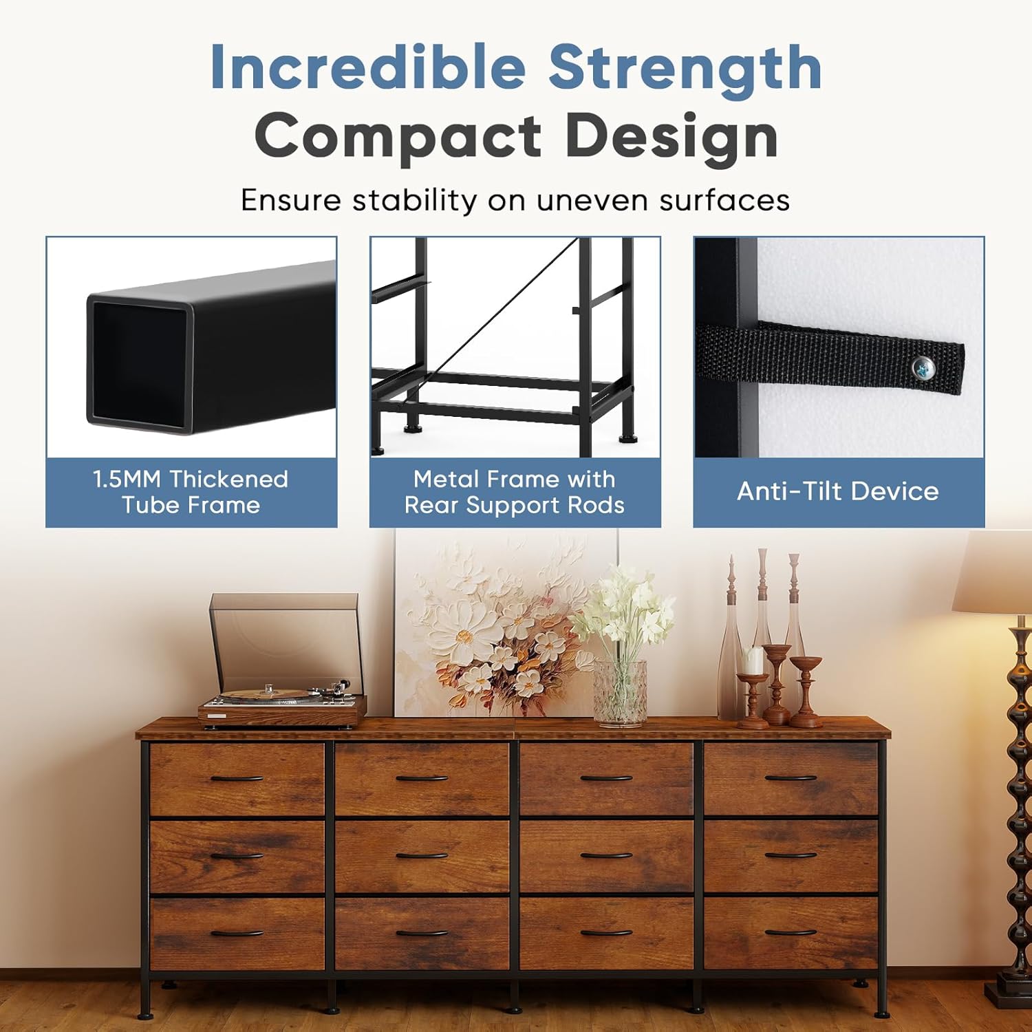 TV Stand for Bedroom with Storage TV Stands for Living Room Rustic, 12 Drawer Dresser Farmhouse Entertainment Center for up to 80 Inch TVs, Media Console Table with Metal Frame Adjustable Feet