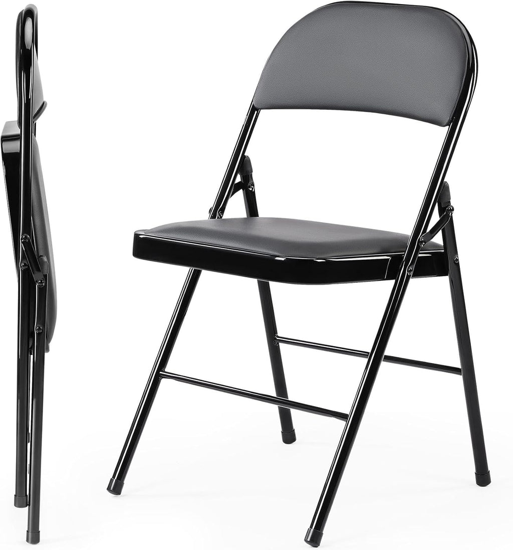 Folding Chair 4 Pack, Leather Padded Foldable Chairs, Sturdy Metal Portable Chairs, Easy to Use and Store, Outdoor and Indoor, for Home, Office, Party, Garden, Kahki