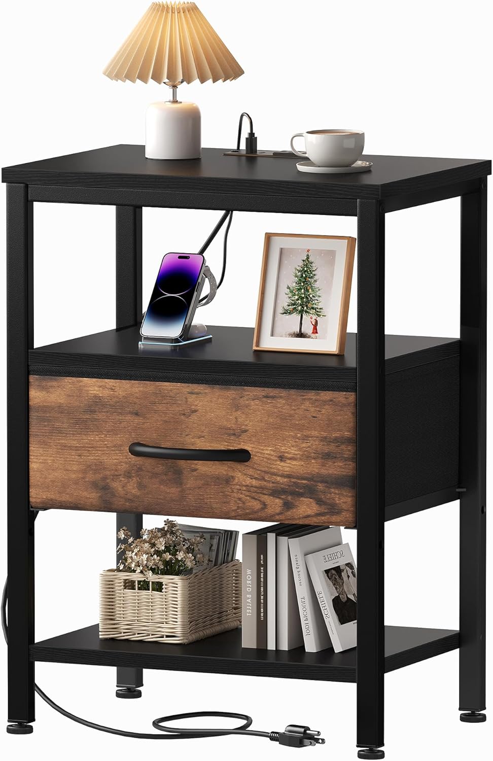 Nightstands Set of 2 with Charging Station, Bedside Table with USB Ports & Type-C, 2 Fabric Drawers Night Stand with Open Shelf, Compact End Table for Bedroom, Black