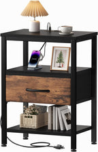 Nightstand with Charging Station, Bedside Table with USB Ports & Type-C, 2 Fabric Drawers Night Stand with Open Shelf, Compact End Table for Bedroom, White