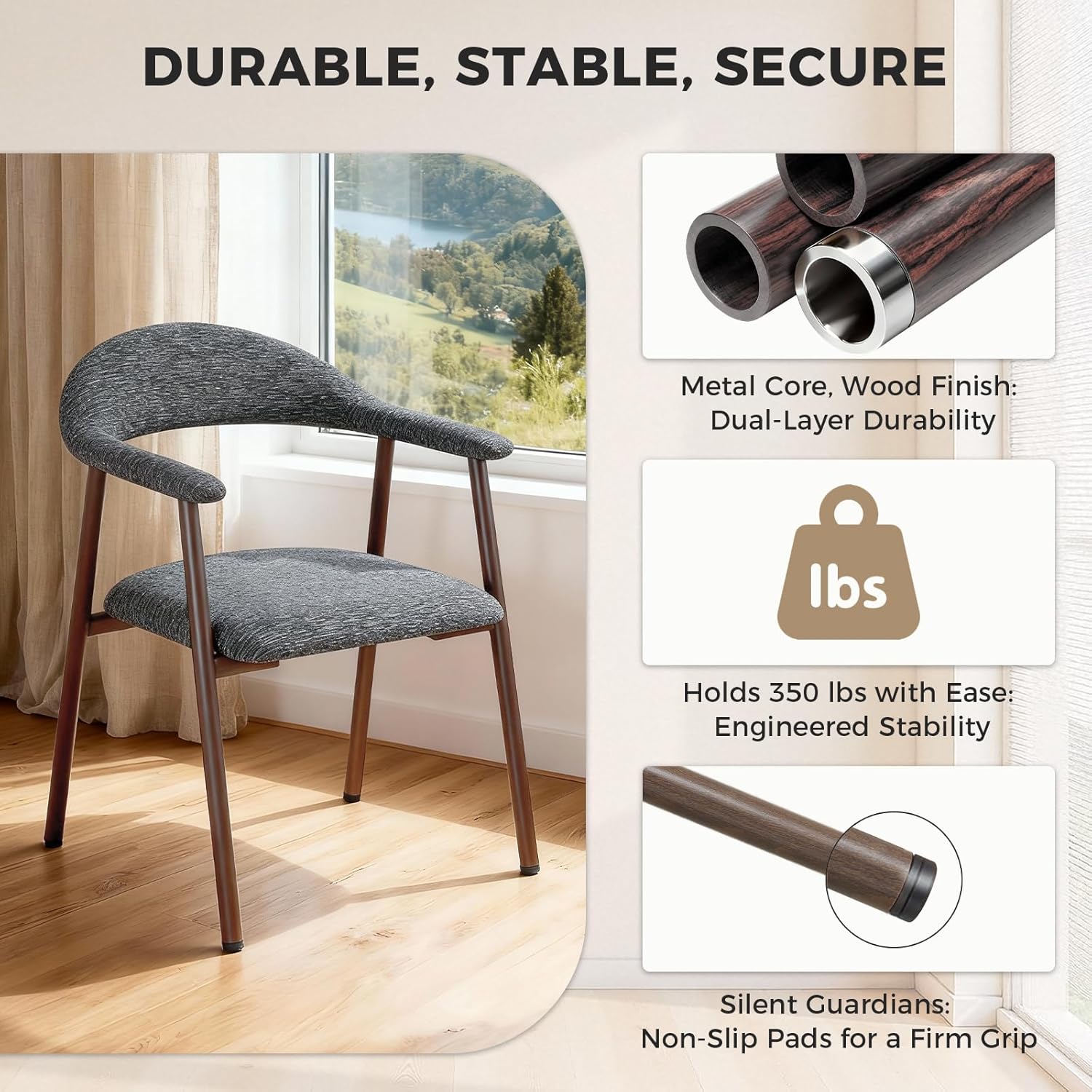 Dining Chairs Set of 2, Linen Fabric Upholstered Kitchen Side Chairs with Curved Backrest & Metal Legs, Modern Farmhouse Accent Chairs for Dining Room Kitchen Living Room Cafe, Gray
