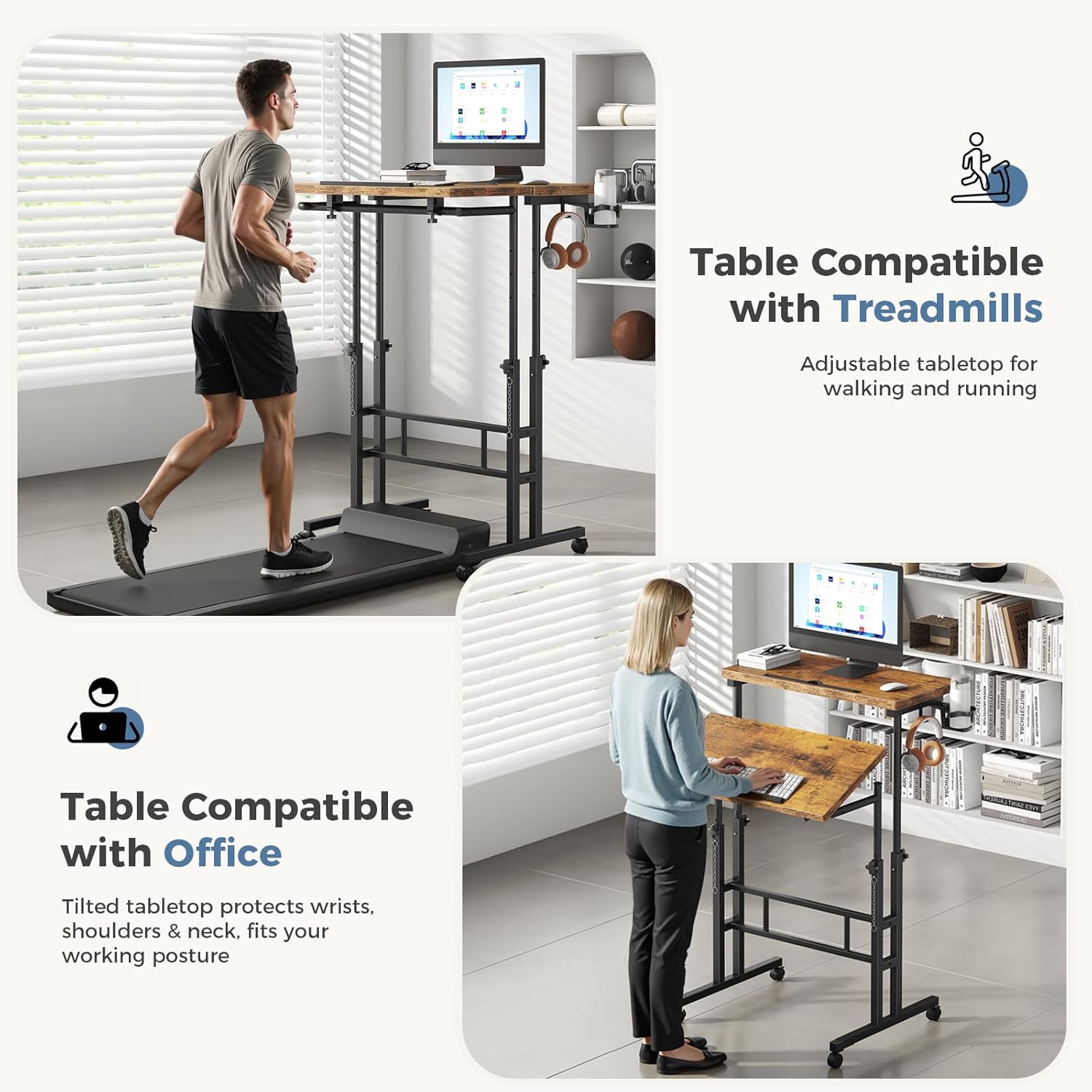 Split Top Rolling Standing Desk, 23.6 Inch Mobile Laptop Computer Desk, Manual Adjustable Height Workstation on Wheels, Sit Stand Office Table, Walking Pad Study Desk, Rustic Brown