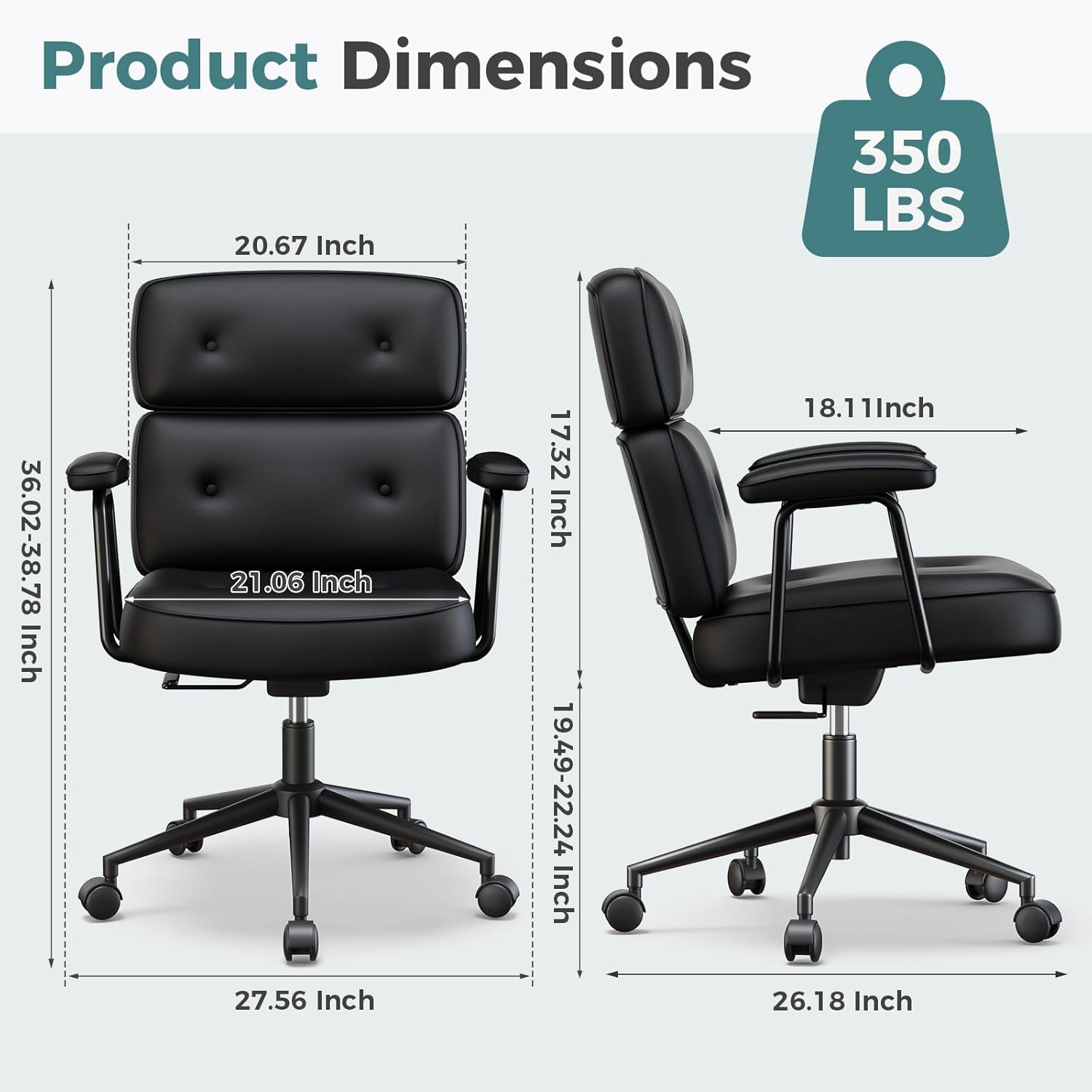Ergonomic Home Office Desk Chair, PU Leather Computer Chair with Lumbar Support Adjustable Height Rolling Swivel Executive Task Armrests Chair, Inky