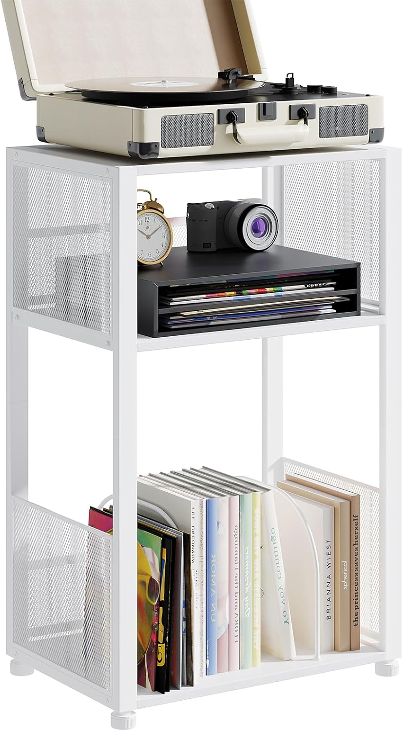 3 Tier Side Table, 2 Pack Record Player Stand with Storage Up to 100 Albums,Turntable Stand for Vinyl,Brown Records Shelf for Living Room Bedroom
