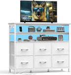 TV Stand Dresser with 8 Fabric Drawers and Open Shelves, LED Entertainment Center with Charging Station, Wood Top Media Console for 45-55 inch, Bedroom, Greige Oak