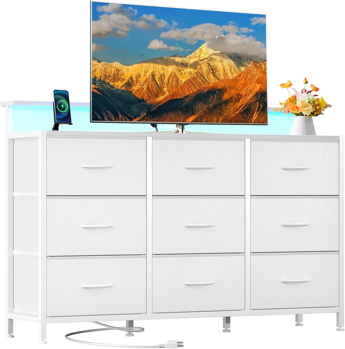 TV Stand Dresser with 8 Fabric Drawers and Open Shelves, LED Entertainment Center with Charging Station, Wood Top Media Console for 45-55 inch, Bedroom, Grey