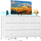 TV Stand Dresser with 9 Fabric Drawers and Open Shelves, Entertainment Center with LED Lights, Charging Station for Bedroom, Wood Top Media Console for 45-55 inch TV Stand with Storage, White