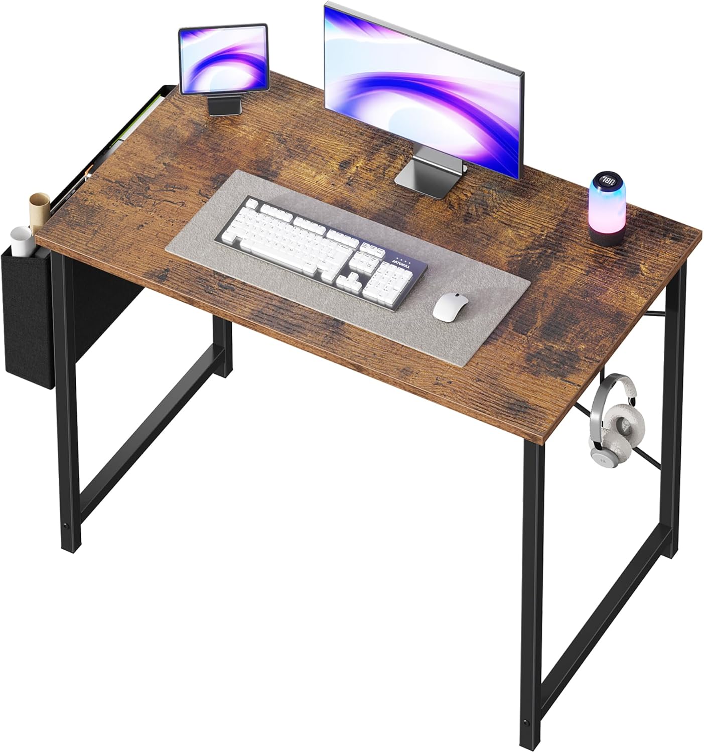 Computer Desk 55 Inch Home Office Desks for Small Spaces, Gaming Writing Study Work Table with Storage Bag and Headphone Hook for Bedroom, White