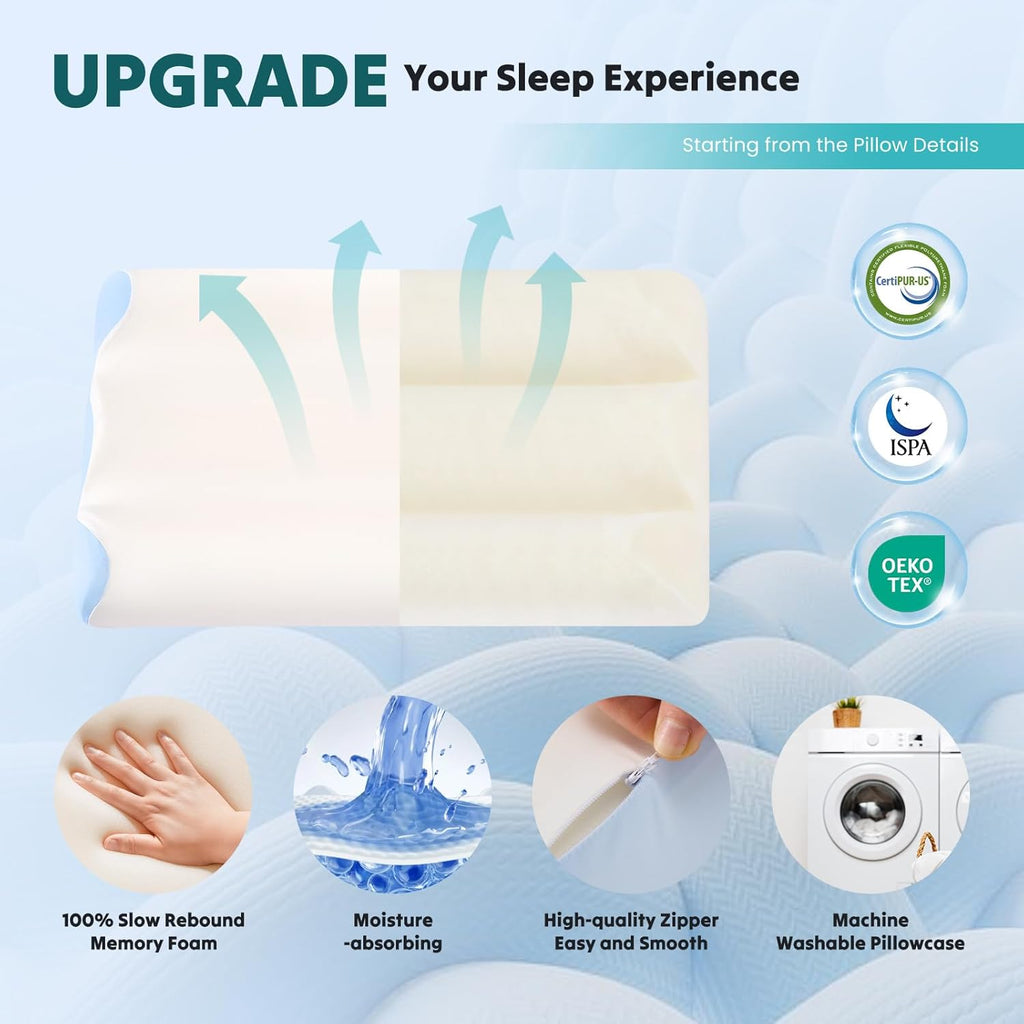 Cervical Pillow for Neck and Shoulder, Contour Memory Foam Pillow, Ergonomic Neck Support Pillow for Side Back Stomach Sleepers with Pillowcase