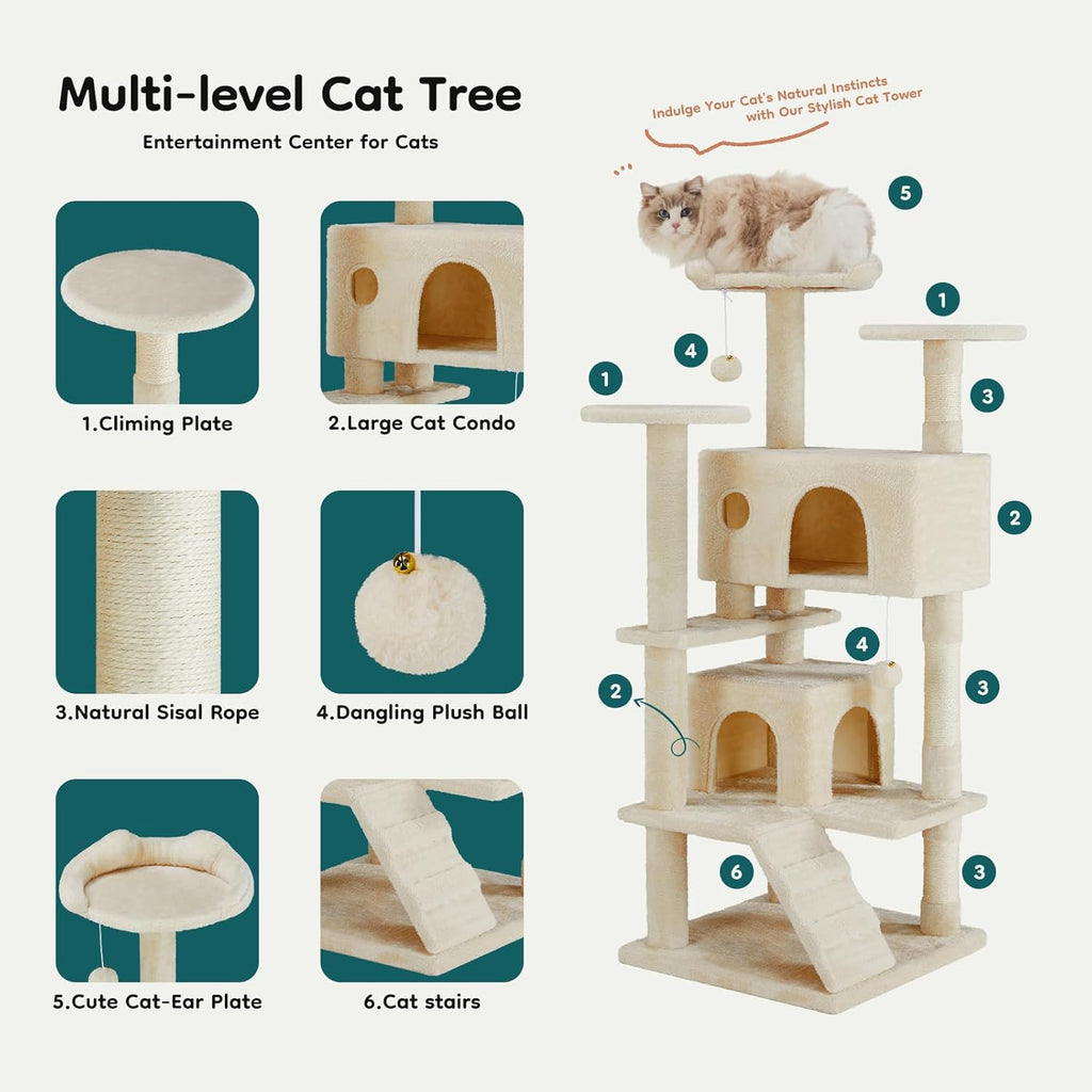 54-inch Indoor Cat Tree Tower ?CMulti-Level Pet House for Large Cats with 2 Condos, Scratching Posts, Round Platform, Small Ladder, and Toys, Beige