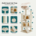54-inch Indoor Cat Tree Tower ?CMulti-Level Pet House for Large Cats with 2 Condos, Scratching Posts, Round Platform, Small Ladder, and Toys, Beige