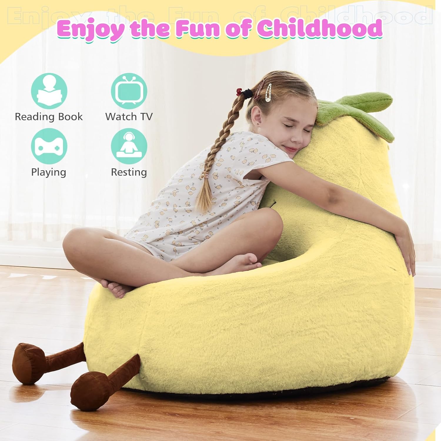 Kids Bean Bag Chair, Stuffed Toddler Couch with Faux Rabbit Fur Cover for Teens & Kids, Comfy Lazy Sofa Chair for Reader, Living Room, Bedroom, Aged 4-12 Years, 24 Inch, Yellow