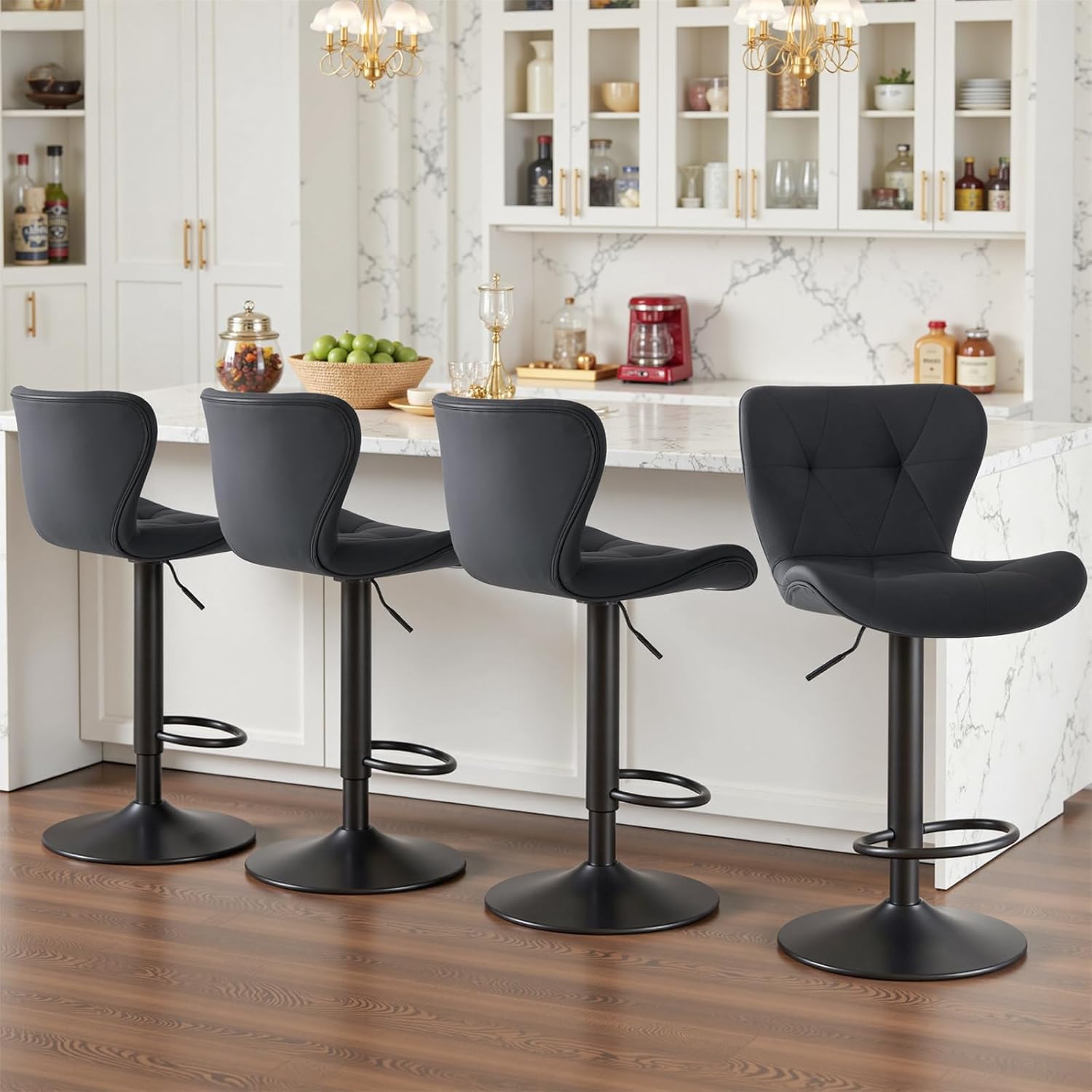 Modern Bar Stools Set of 4, Adjustable Faux Leather Upholstered Swivel Bar Stools, Counter Height Bar Chairs with Back for Kitchen Island, Grey