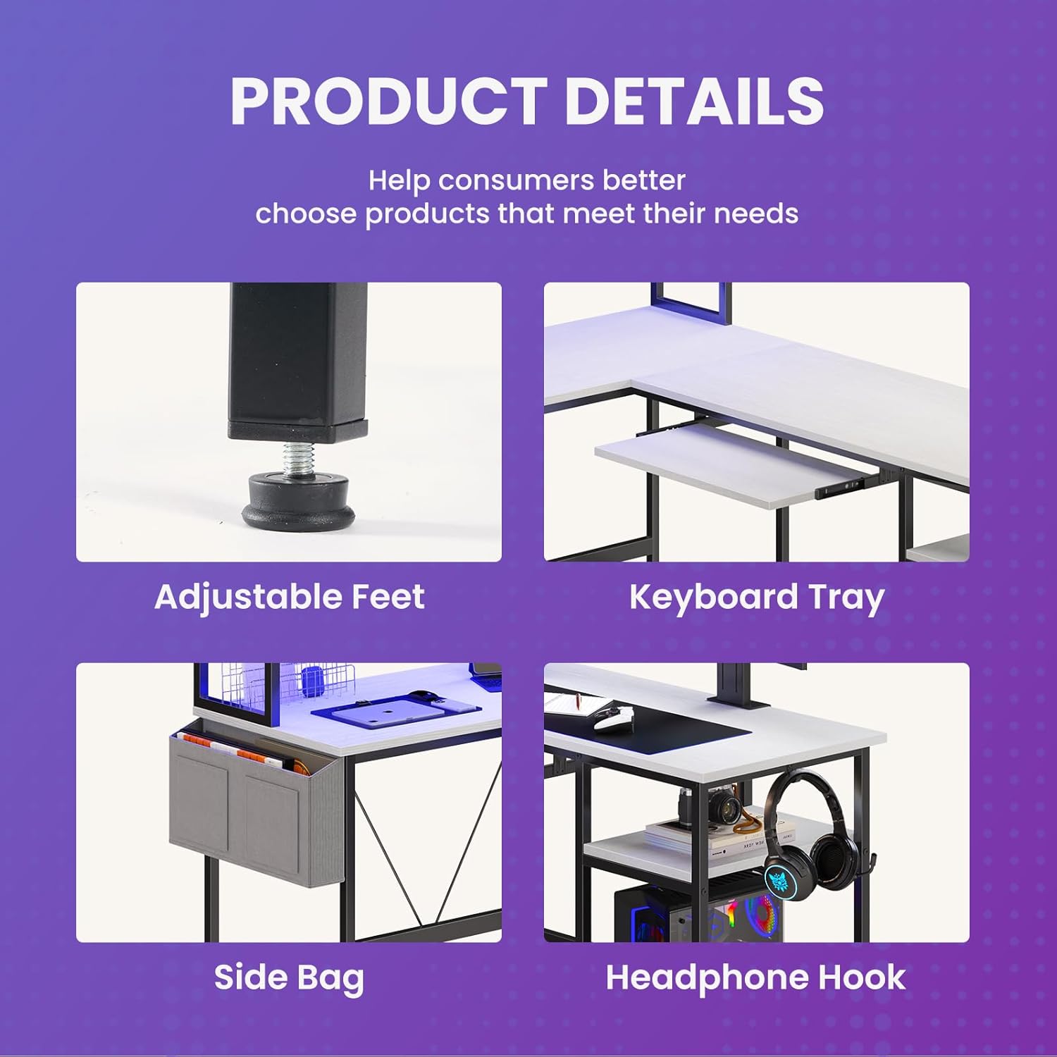 L Shaped Gaming Desk 67, Reversible Computer Desk with LED Lights, Corner Desk for Small Spaces with Keyboard Tray & Storage Shelf, Metal Frame PC Gaming Table for Home Office Bedroom, White