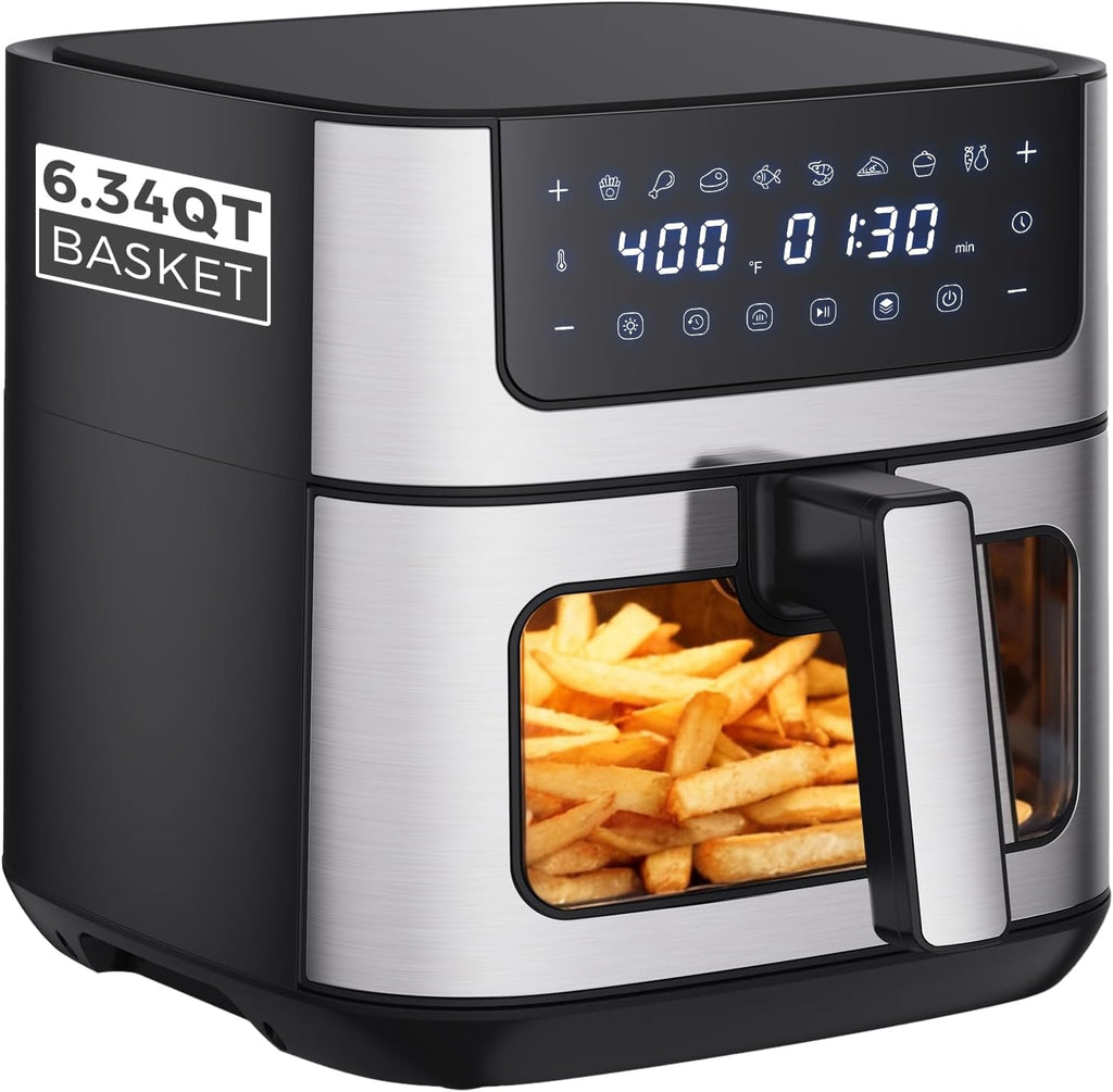 6.34QT Air Fryer with Window, 8 Food Presets with 400??F Max Heat, 90-Min Timer, Nonstick Dishwasher-Safe Basket for Air Fry, Roast, Reheat, Bake, Stainless Steel, Grey