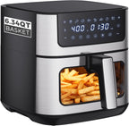 6.34QT Air Fryer with Window, 8 Food Presets with 400??F Max Heat, 90-Min Timer, Nonstick Dishwasher-Safe Basket for Air Fry, Roast, Reheat, Bake, Stainless Steel, Grey