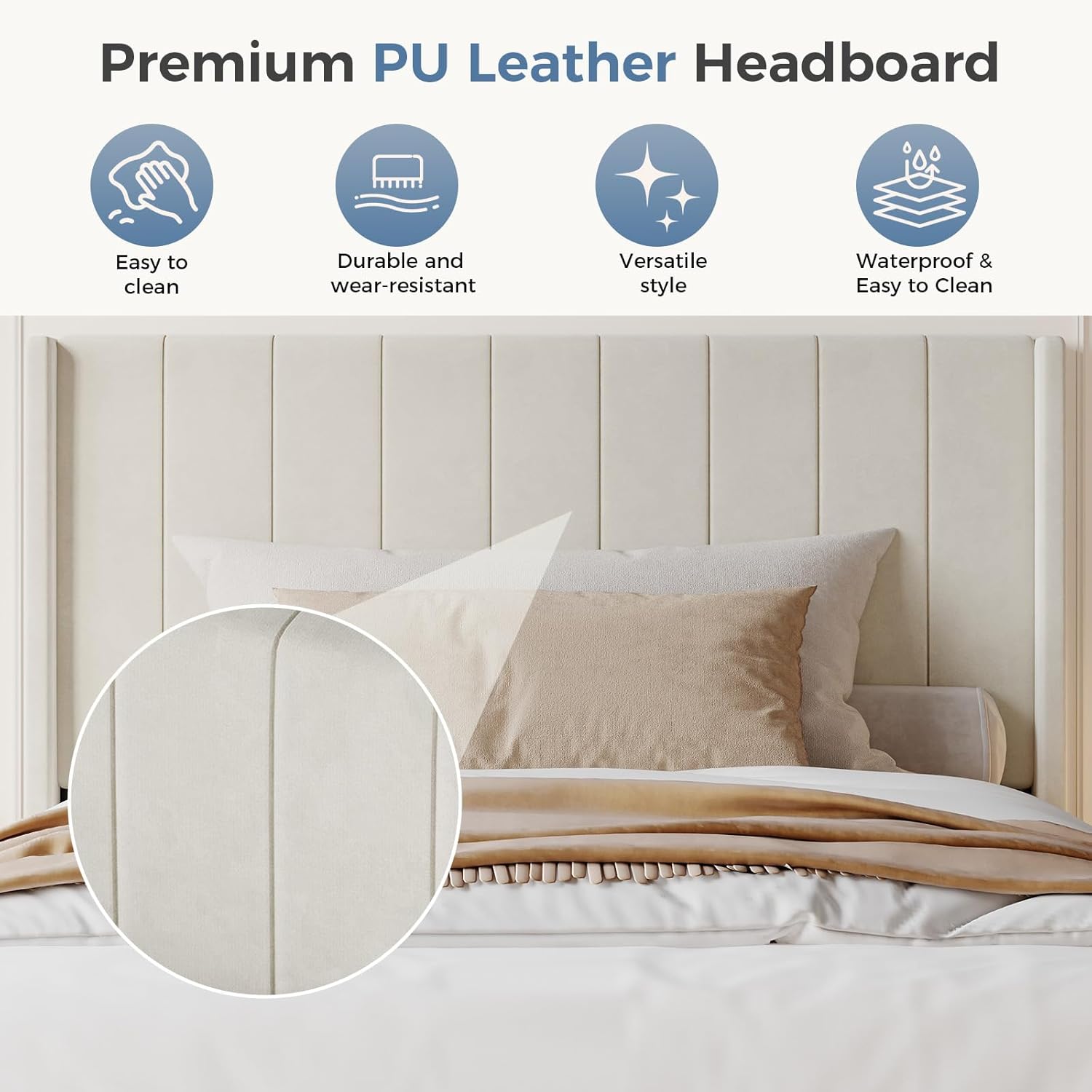 Twin Size Bed Frame with Modern Fabric Upholstered Wingback Headboard & Wooden Slats, 500lbs Capacity, No Box Spring Needed, Easy Assembly Upholstered Platform Bed, Beige