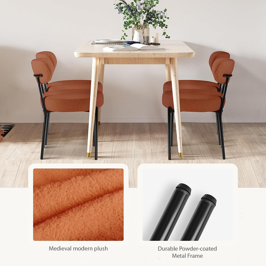 Dining Chairs Set of 6, Mid Century Modern Chair Round Upholstered Curved Backrest, Kitchen Vanity Living Room Chairs with Black Metal Legs, Orange