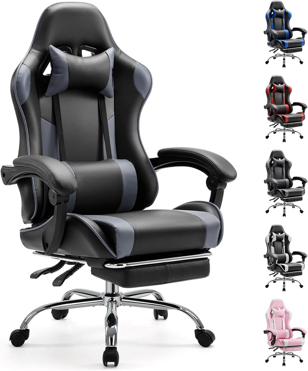 Computer Video Game Desk Chair - Ergonomic Comfy Lumbar Support with Footrest, PU Leather Recliner with Headrest, Fixed Up Armrest, Height Adjustable and 360?? Swivel, for Adults, Grey