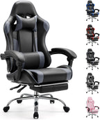 Computer Video Game Desk Chair - Ergonomic Comfy Lumbar Support with Footrest, PU Leather Recliner with Headrest, Fixed Up Armrest, Height Adjustable and 360?? Swivel, for Adults, Grey
