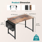 Computer Desk 40 Inch Home Office Desks for Small Spaces, Gaming Writing Study Work Table with Storage Bag and Headphone Hook for Bedroom, Rustic Brown