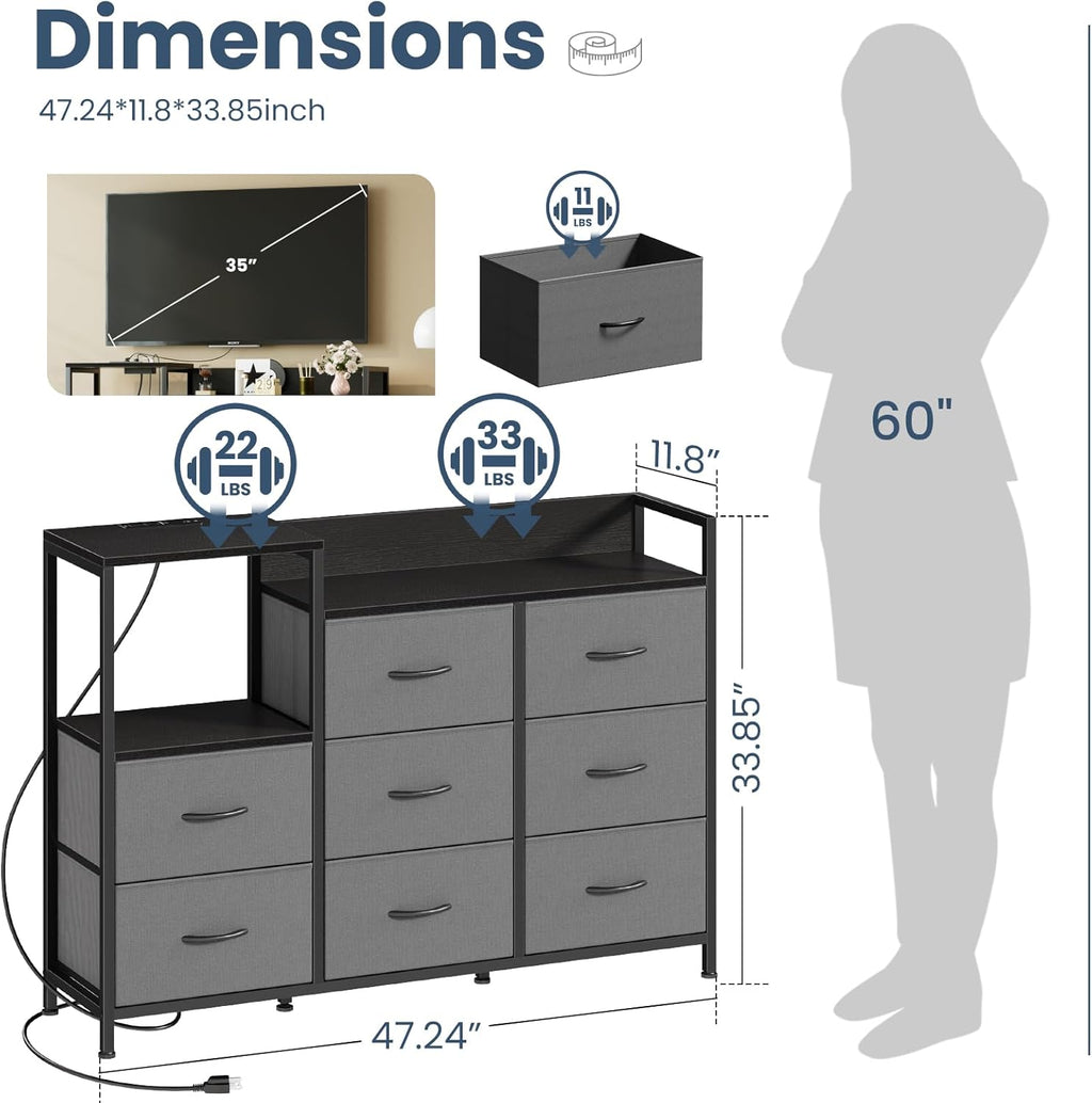TV Stand Dresser with 8 Fabric Drawers & Open Shelves, TV Stand for Up to 45 inch TV with Wooden Top, Entertainment Center with Charging Station for Living Room, Hallway, Grey