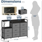 TV Stand Dresser with 8 Fabric Drawers & Open Shelves, TV Stand for Up to 45 inch TV with Wooden Top, Entertainment Center with Charging Station for Living Room, Hallway, Grey